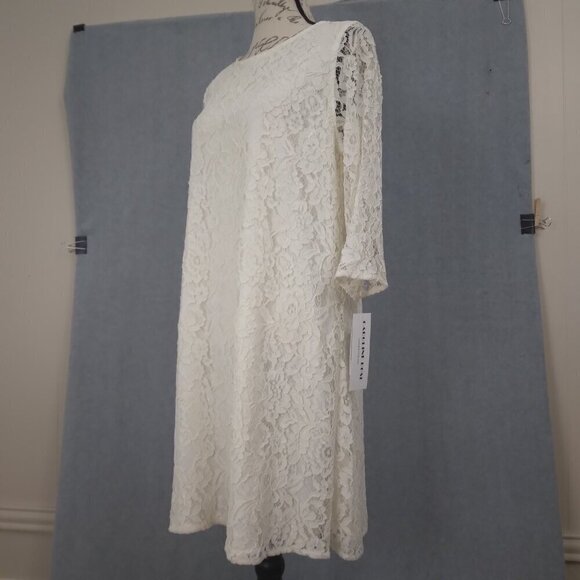 NWT Caroline Rose | Lace Round Neck 3/4 Sleeve Shift Dress Ivory | Size S - Picture 4 of 13